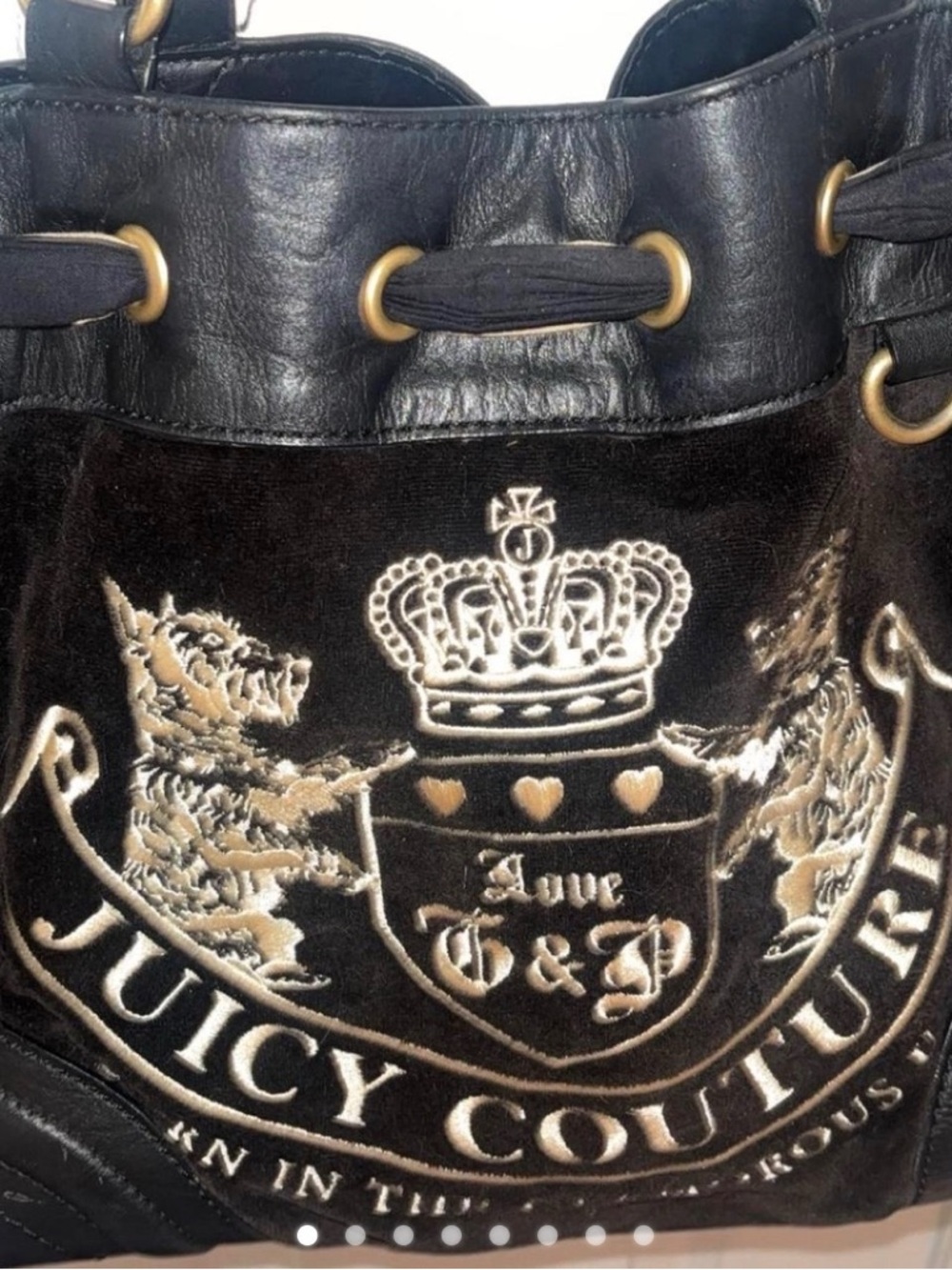 Juicy Couture Black Leather Drawstring Tote with Gold Accents